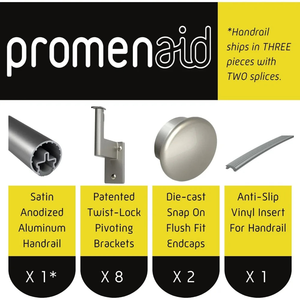 17 ft Flush ADA Compliant Handrail Kit - Complete Indoor/Outdoor Handrail for Stairs - 1.6" Round Anodized Aluminum Rail