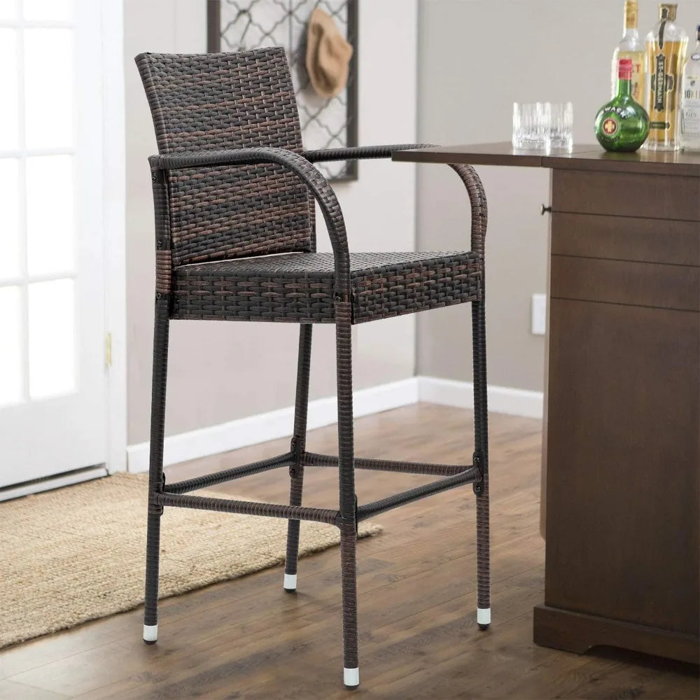 Wicker Patio Bar Stools with Footrest and Armrest