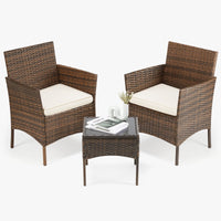 Load image into Gallery viewer, Outdoor Patio Furniture, Set of 3 Pieces with Soft Cushions and Glass Table Top, Manual Weaving Wicker Rattan Patio Chairs For Garden