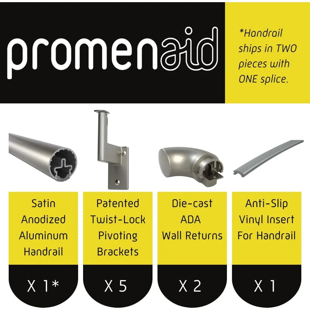 9ft ADA Handrail Kit - Complete Indoor/Outdoor Handrail for Stairs - 1.6" Round Anodized Aluminum Railing