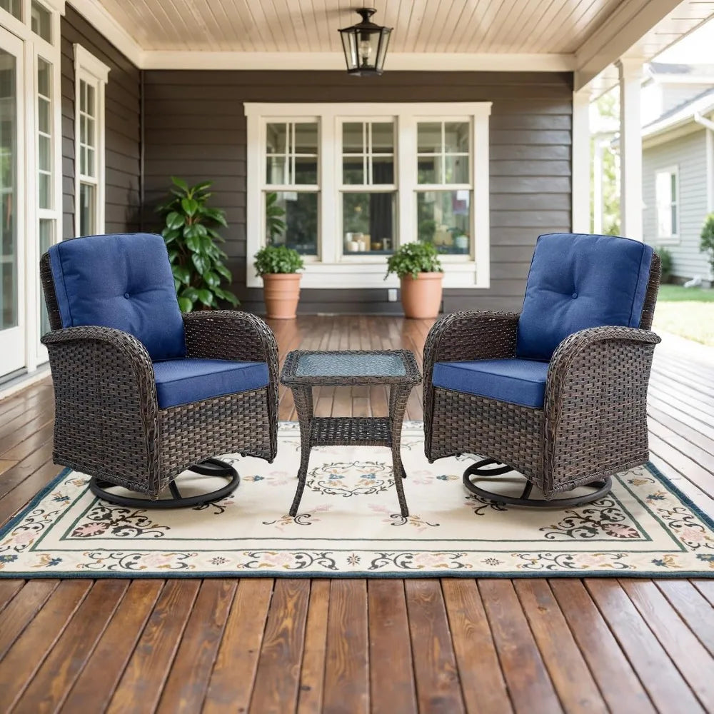 Set of 2  Patio Wicker Swivel Rockers with Rattan Side Table with Glass