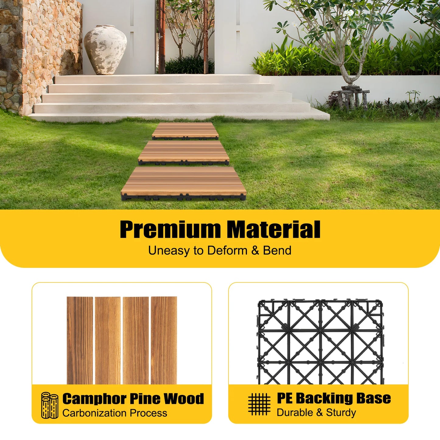 Hardwood Interlocking Patio Deck Tiles, 12''x12'' 36 Pcs