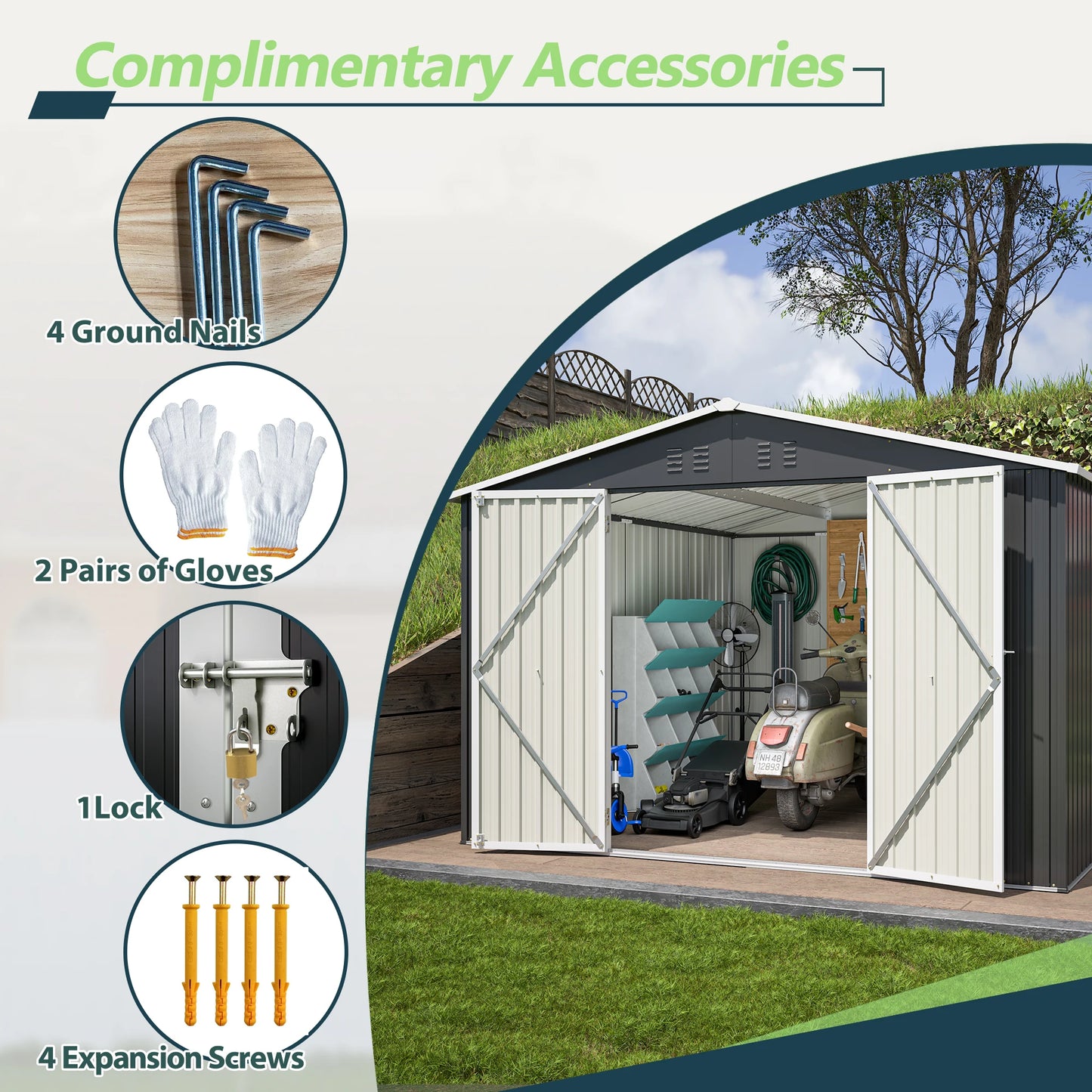 Outdoor Metal Storage Shed 10x10 FT with Lockable Doors