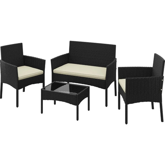 Patio Furniture Set 4 Pieces, Rattan Wicker Chair and Loveseat with Soft Cushions and Glass Table Top