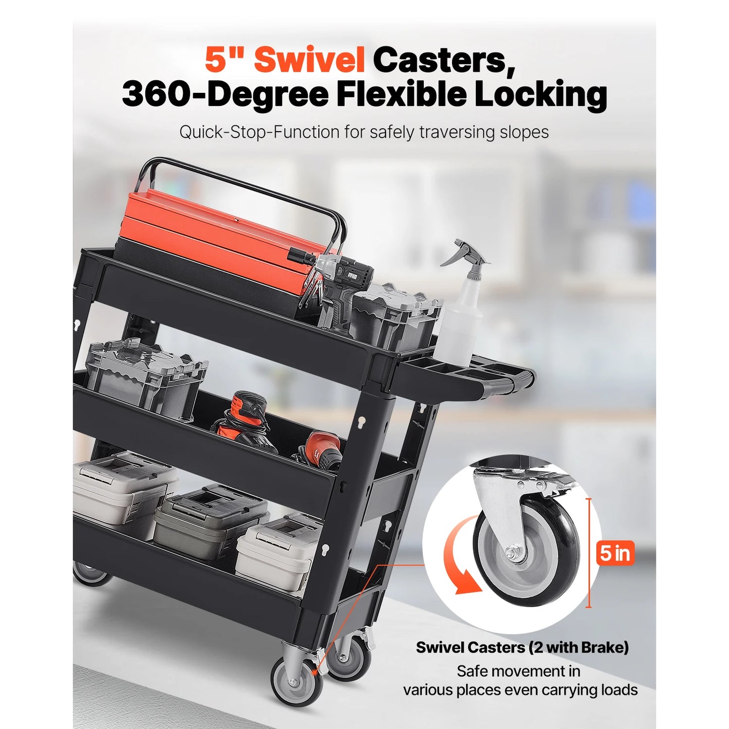 Utility Service Cart Dolly with 360° Swivel Wheels, Ergonomic Storage Handle for Warehouse/Garage/Cleaning