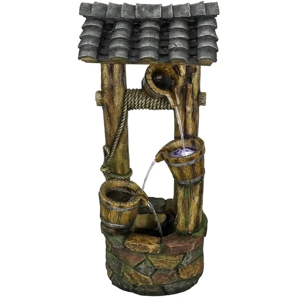Wishing Well Water Fountain, 39.3 inches Rustic Outdoor Water Fountains - Outdoor Cascading Waterfall with Buckets, Pump & Lights