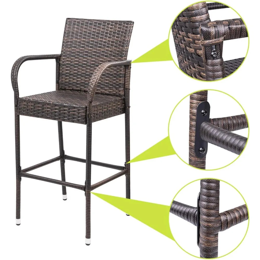 Wicker Patio Bar Stools with Footrest and Armrest