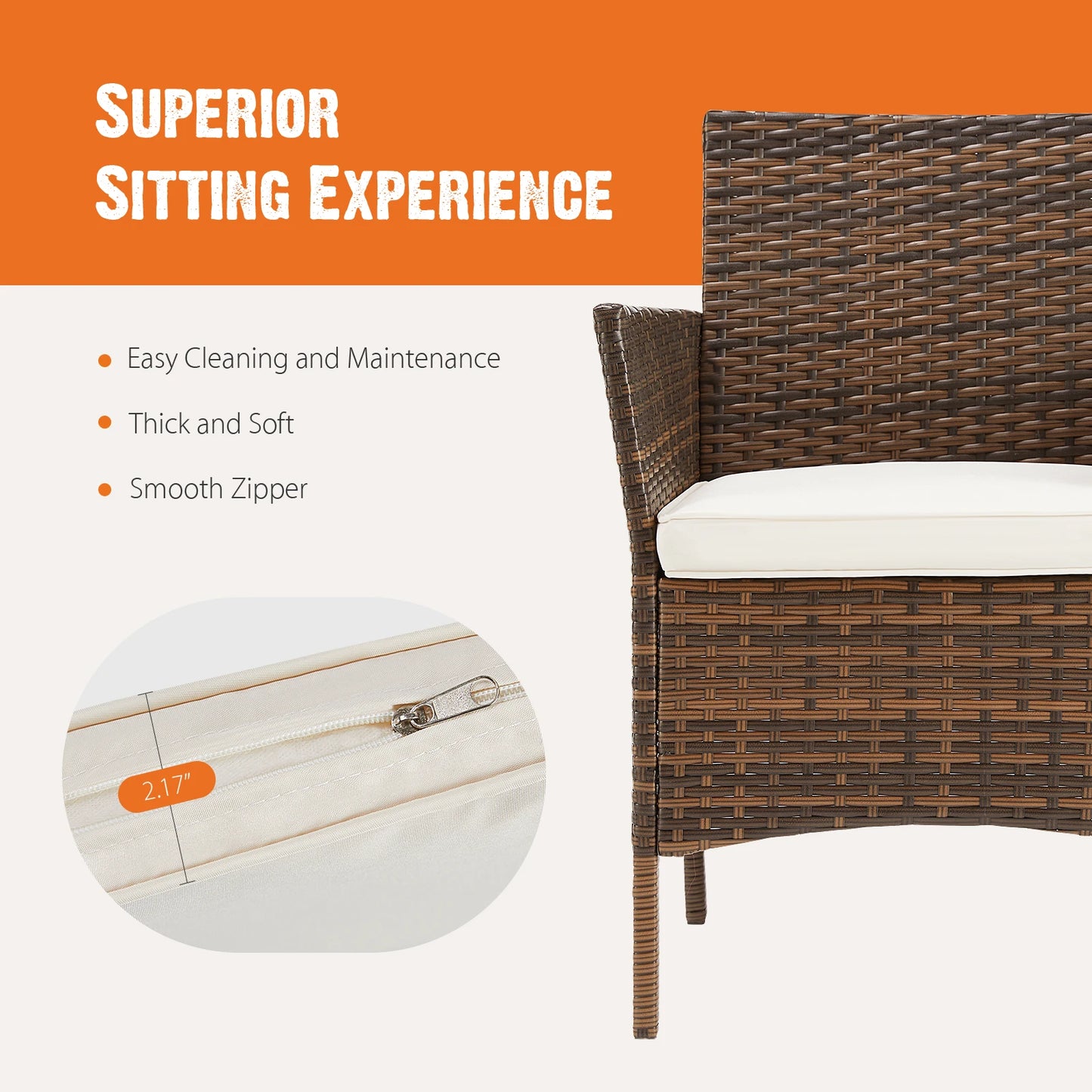 Outdoor Patio Furniture, Set of 3 Pieces with Soft Cushions and Glass Table Top, Manual Weaving Wicker Rattan Patio Chairs For Garden