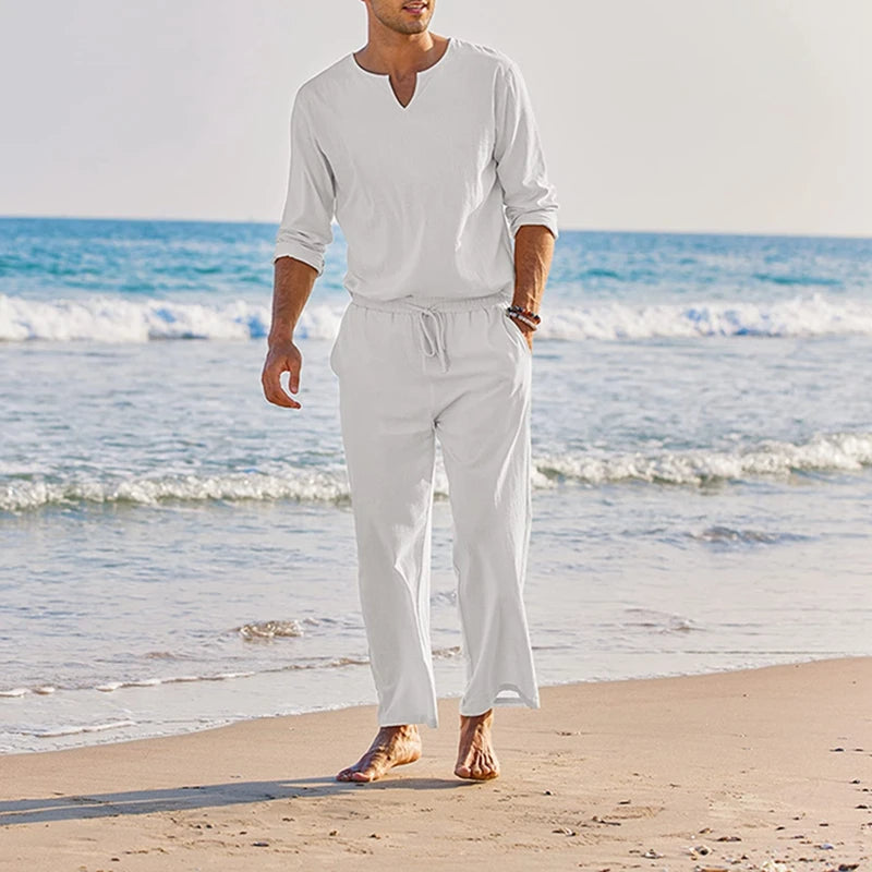 Men s Summer Cotton Linen Henley Shirt, Solid Color, Long Sleeve, Elastic Waist Drawstring Pants 2 Pieces Loungewear Set