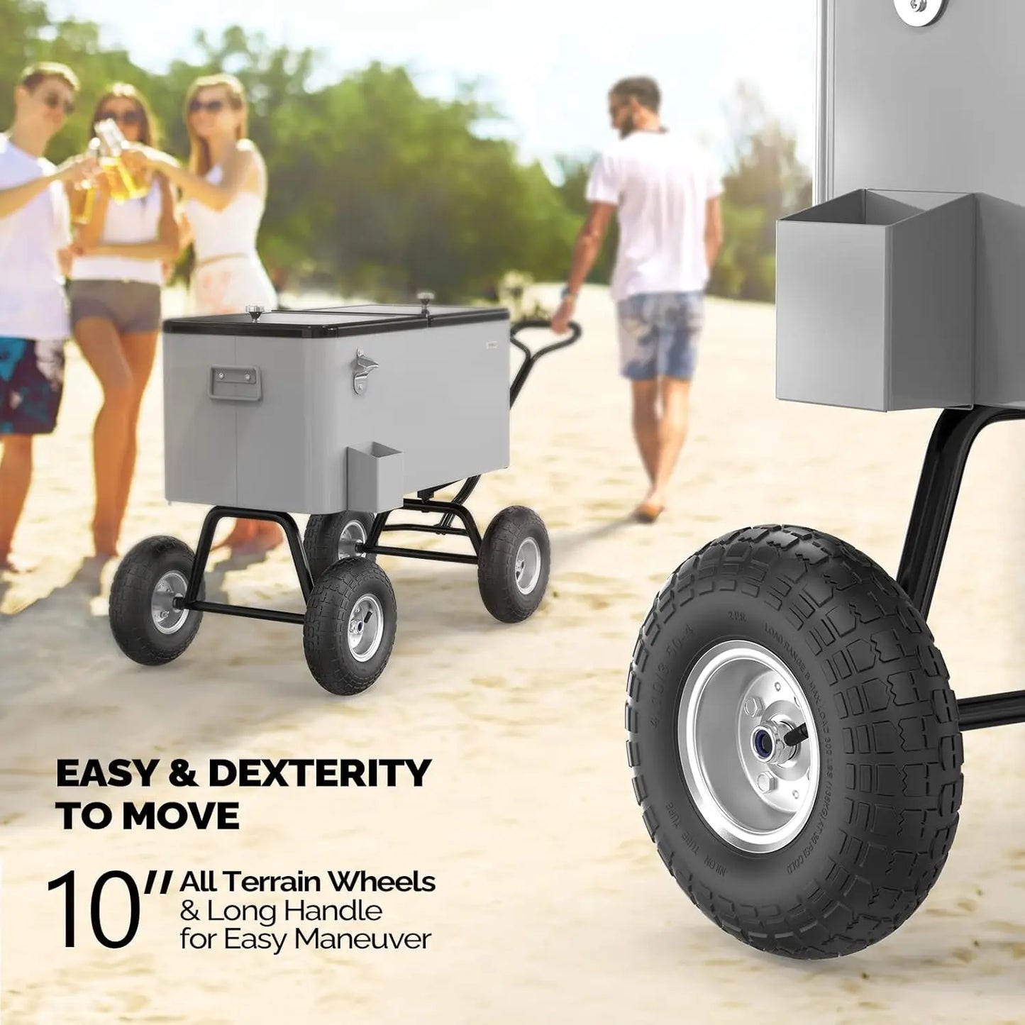 80 Quart Wagon Rolling Ice Chest w/Long Handle and 10" Wheels