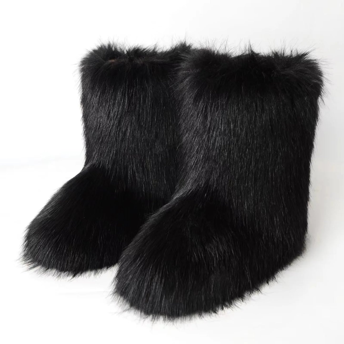 Women's Winter Black Fuzzy Slip-On Snow Boots, Plush Lining, Rubber Flat Outer Sole