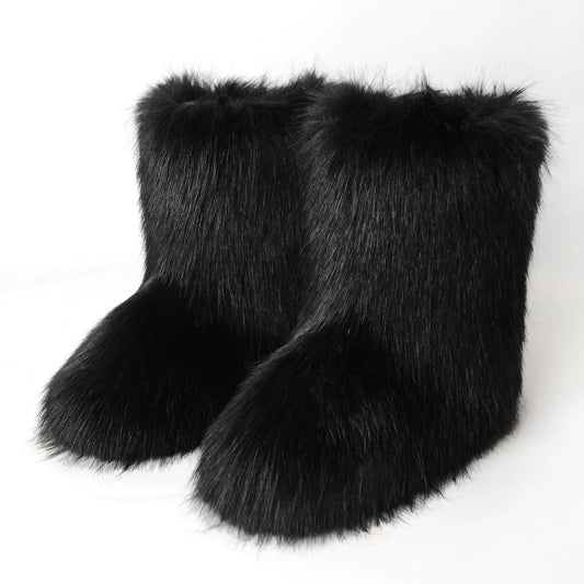 Women's Winter Black Fuzzy Slip-On Snow Boots, Plush Lining, Rubber Flat Outer Sole