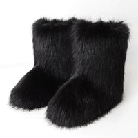 Load image into Gallery viewer, Women's Winter Black Fuzzy Slip-On Snow Boots, Plush Lining, Rubber Flat Outer Sole