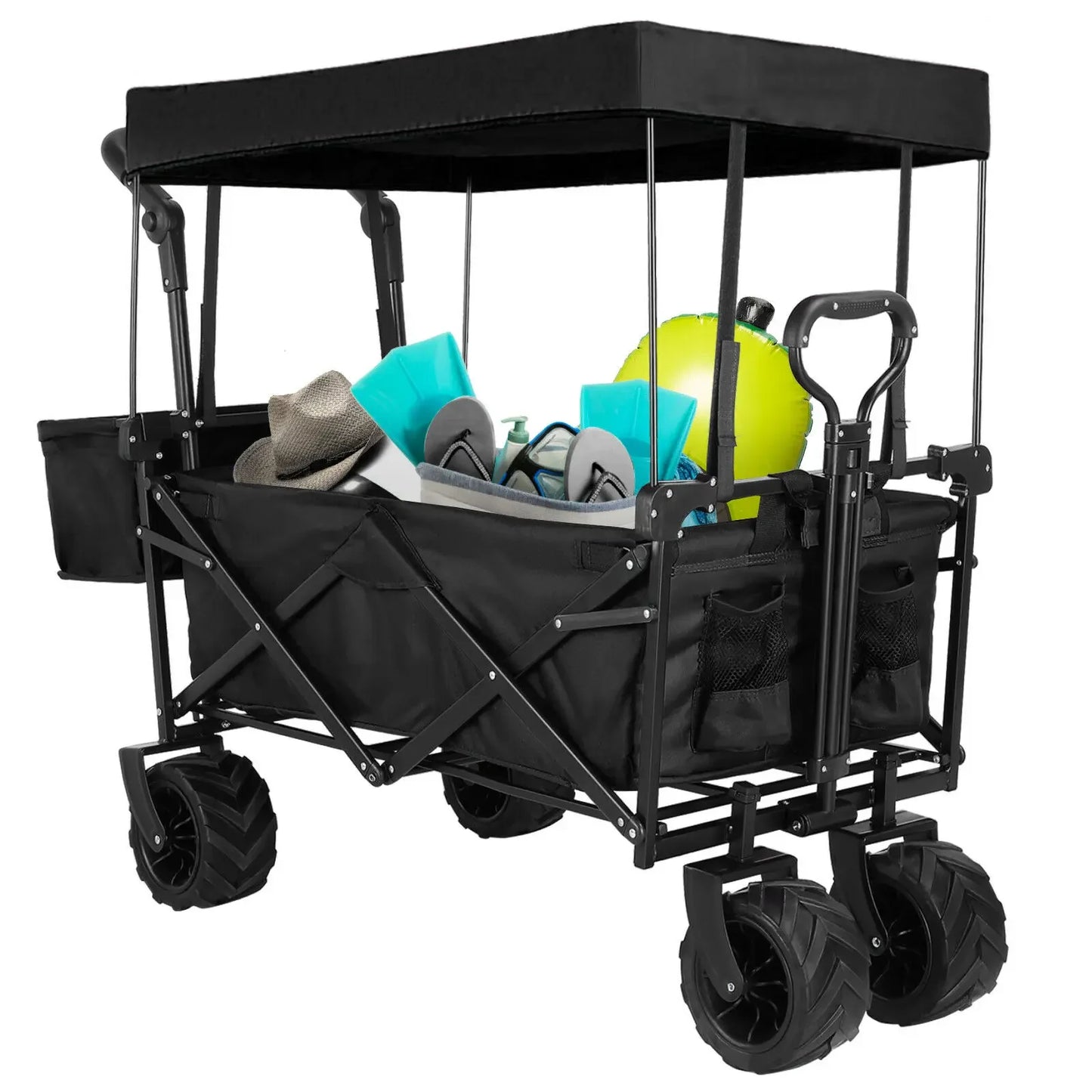 Collapsible Garden Cart Wagon with Removable Canopy, 115 kg Capacity, Push & Pull Utility Cart