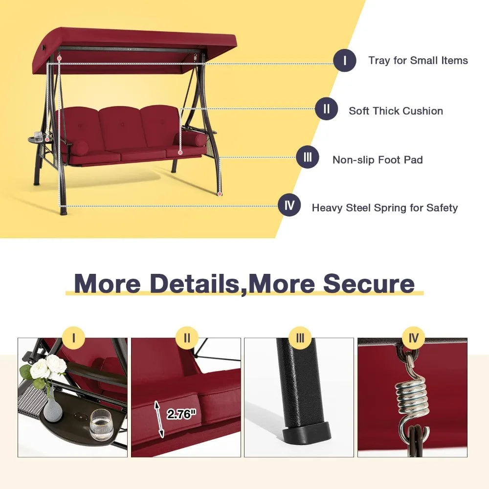 3 Person Outdoor Swing with 1.5" Deep Cup Holder, Adjustable Canopy, Backrest Can be Laid Flat to Make a Bed