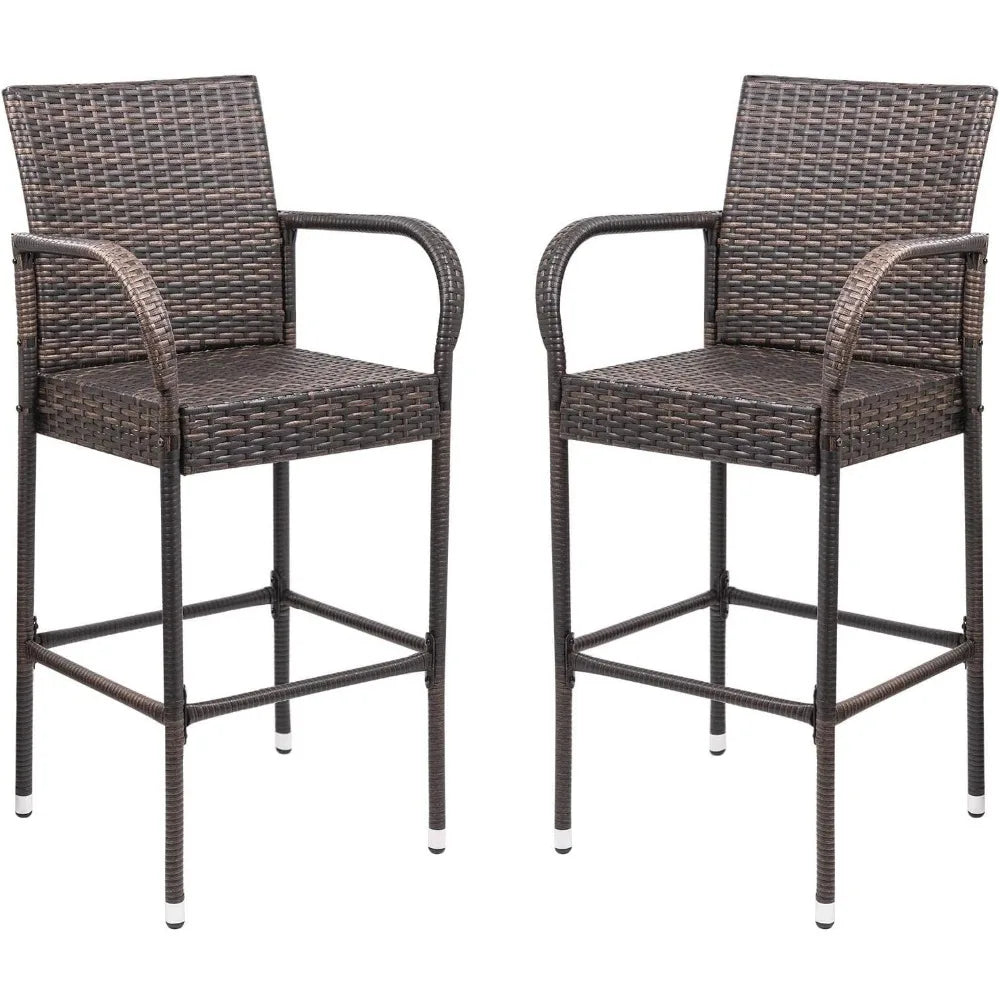 Wicker Patio Bar Stools with Footrest and Armrest