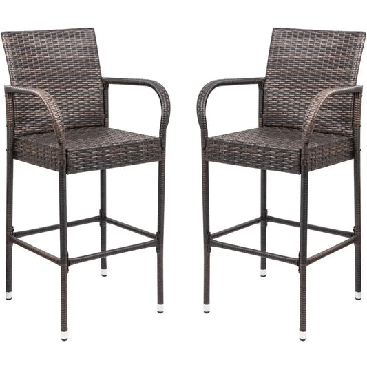 Wicker Patio Bar Stools with Footrest and Armrest
