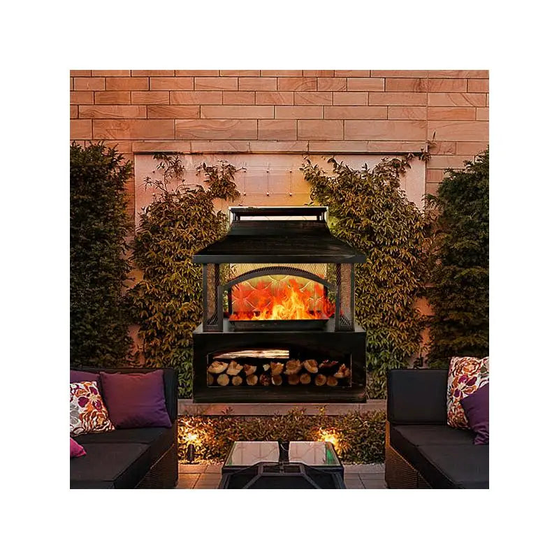 Rectangular Outdoor Wood Burning Fireplace with Built-in Log Storage and Poker - Brushed Bronze