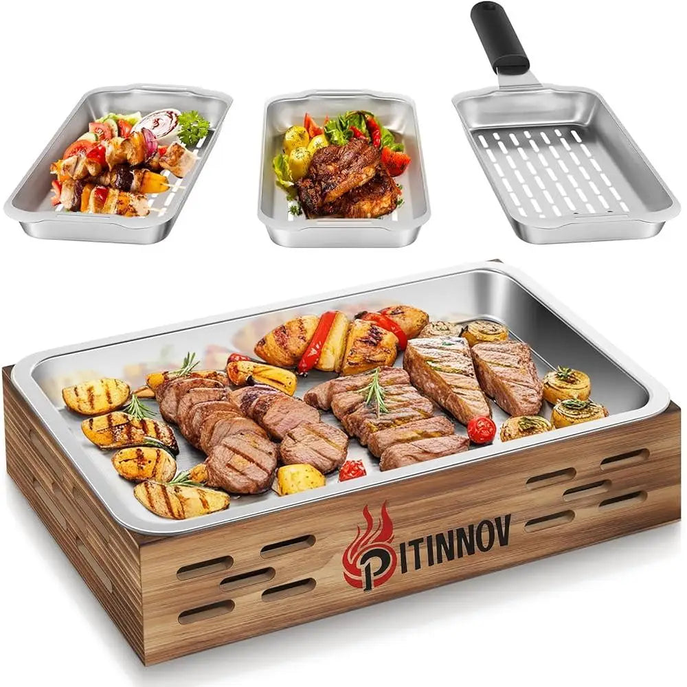 3pcs Stainless Steel Grill Basket Set with BBQ Prep Tray and Wooden Warming Tray
