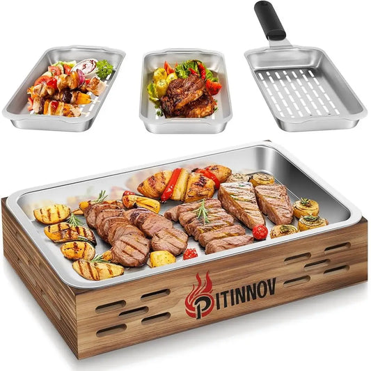 3pcs Stainless Steel Grill Basket Set with BBQ Prep Tray and Wooden Warming Tray