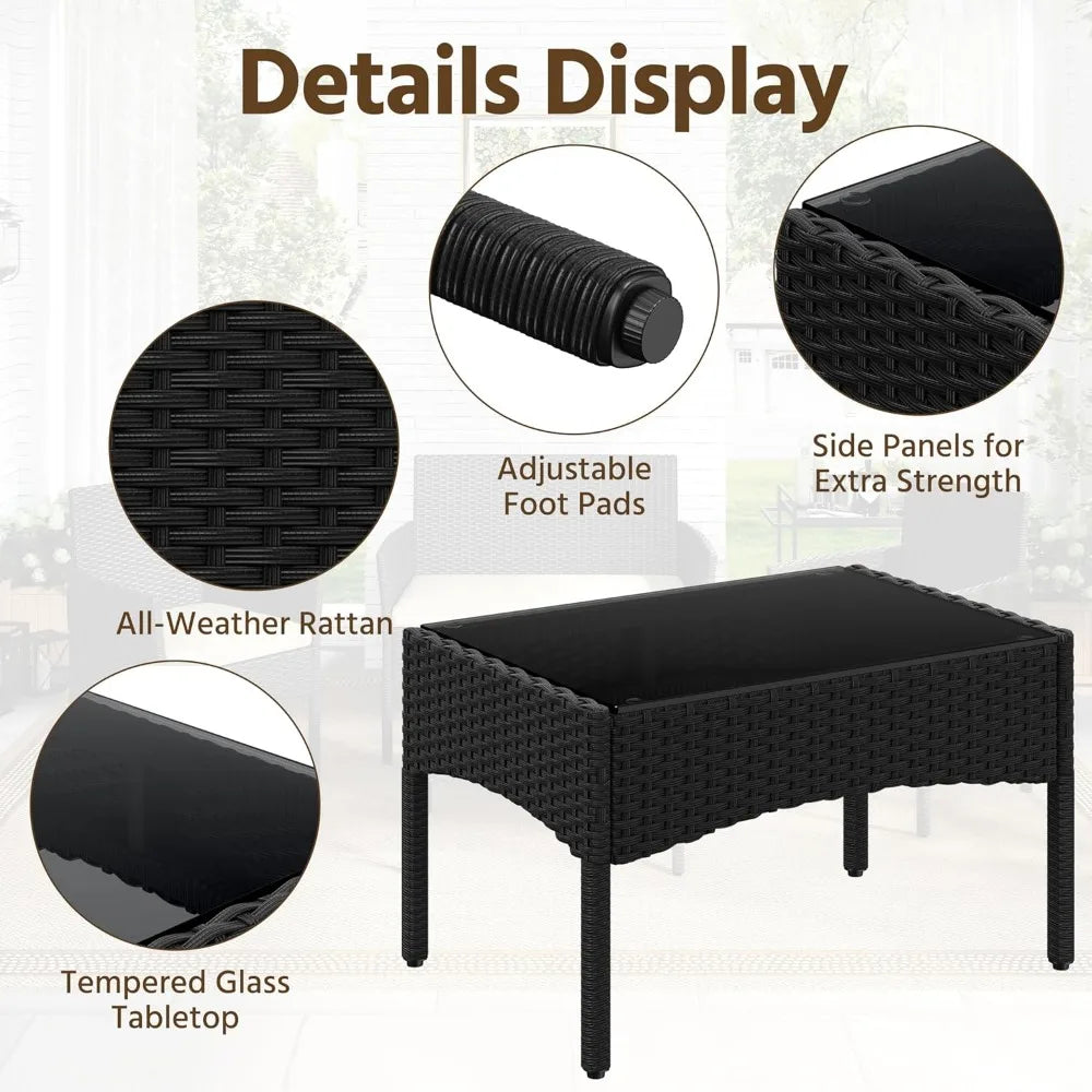 Patio Furniture Set 4 Pieces, Rattan Wicker Chair and Loveseat with Soft Cushions and Glass Table Top