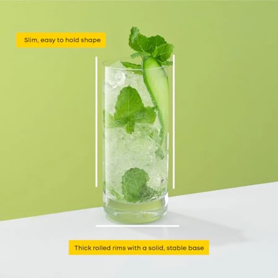 6 piece set of 13 oz highball glasses made from lead free crystal, ideal for serving water, mojitos, Tom Collins and other mixed drinks