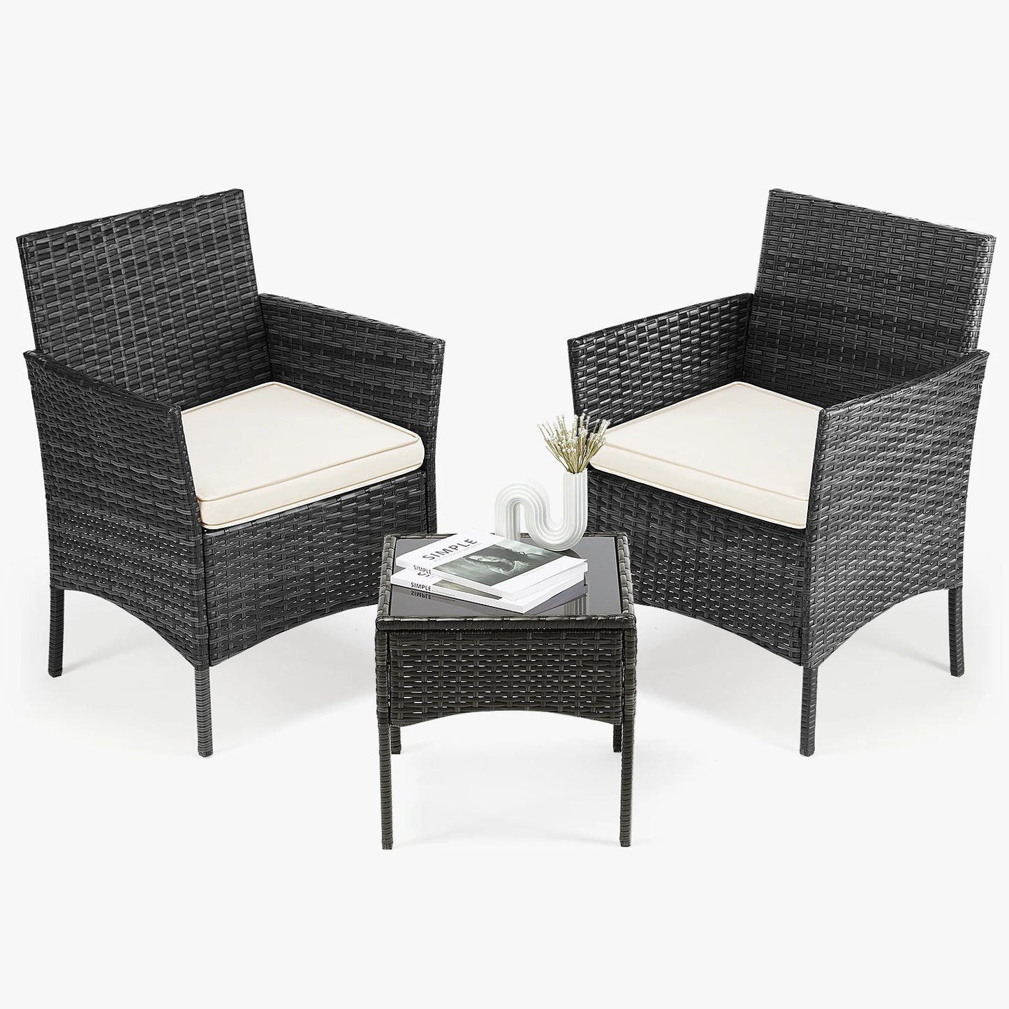 Outdoor Patio Furniture, Set of 3 Pieces with Soft Cushions and Glass Table Top, Manual Weaving Wicker Rattan Patio Chairs For Garden