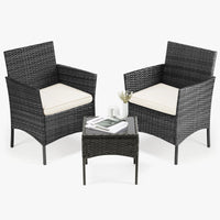 Load image into Gallery viewer, Outdoor Patio Furniture, Set of 3 Pieces with Soft Cushions and Glass Table Top, Manual Weaving Wicker Rattan Patio Chairs For Garden