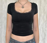 Load image into Gallery viewer, Women's Lace Trim Crop Top, Short Sleeve Scoop Neck Solid Color