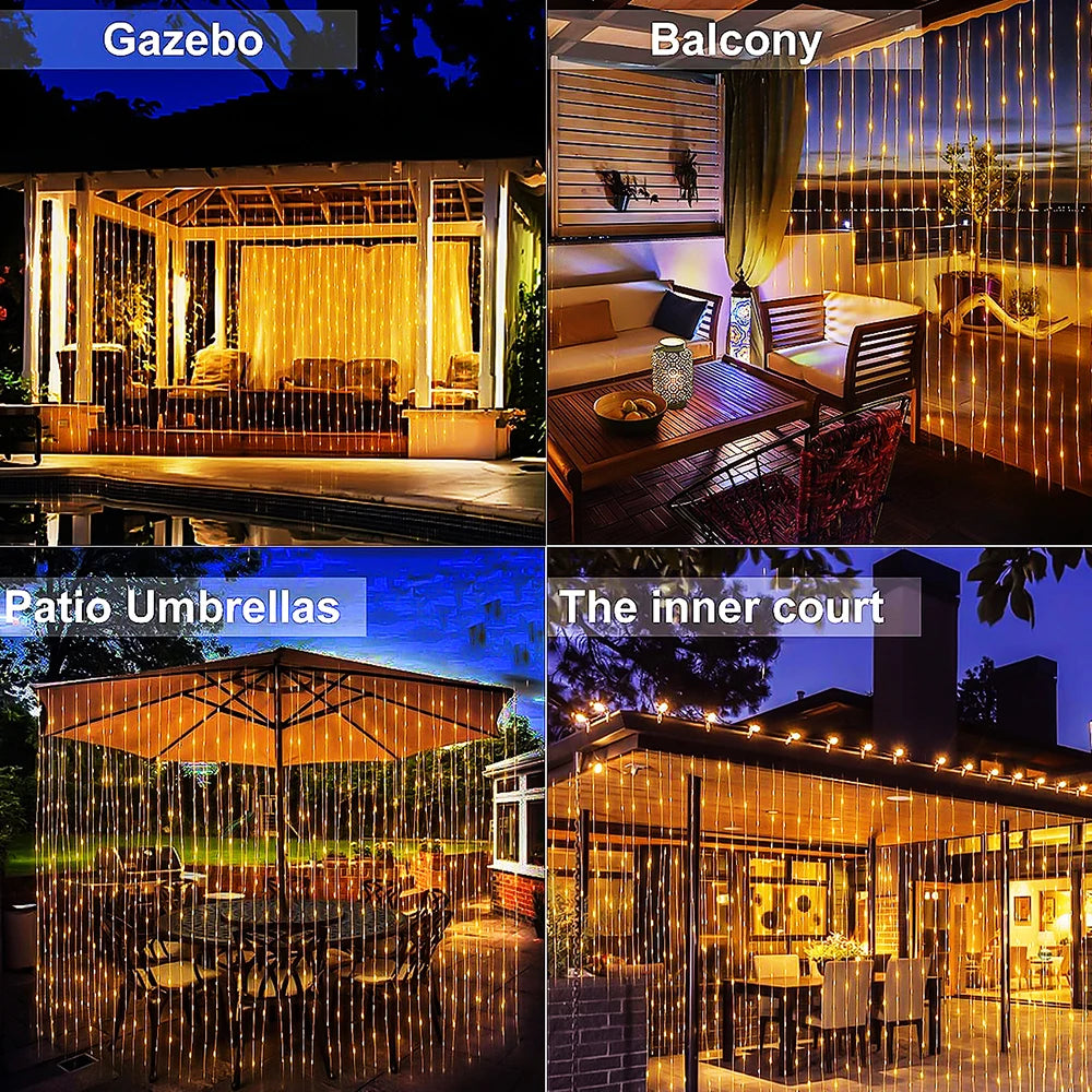 300 LED's Solar Curtain Light, Outdoor Fairy Garland String Lights, 8 Modes