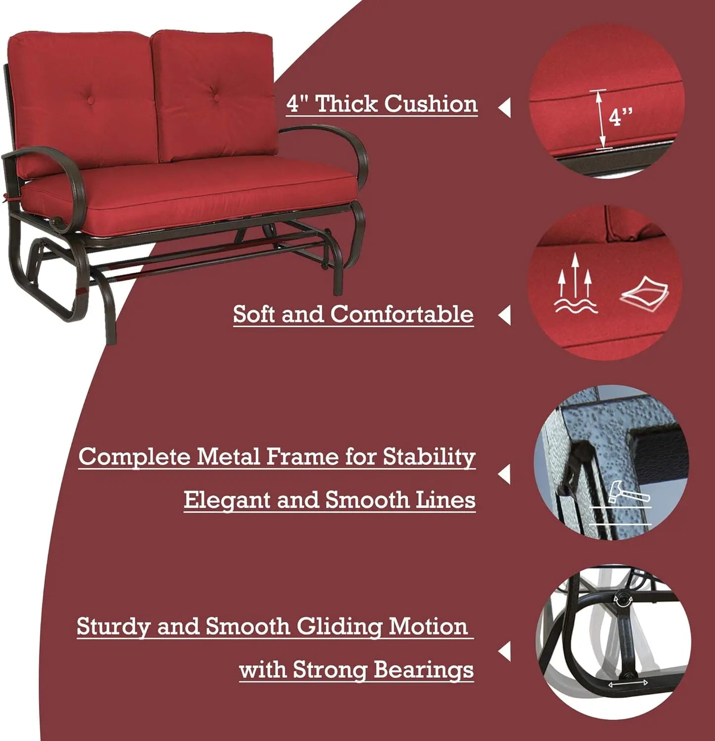 Glider Bench - Outdoor Rocking Loveseat with Sturdy Frame and Cushioned Seats