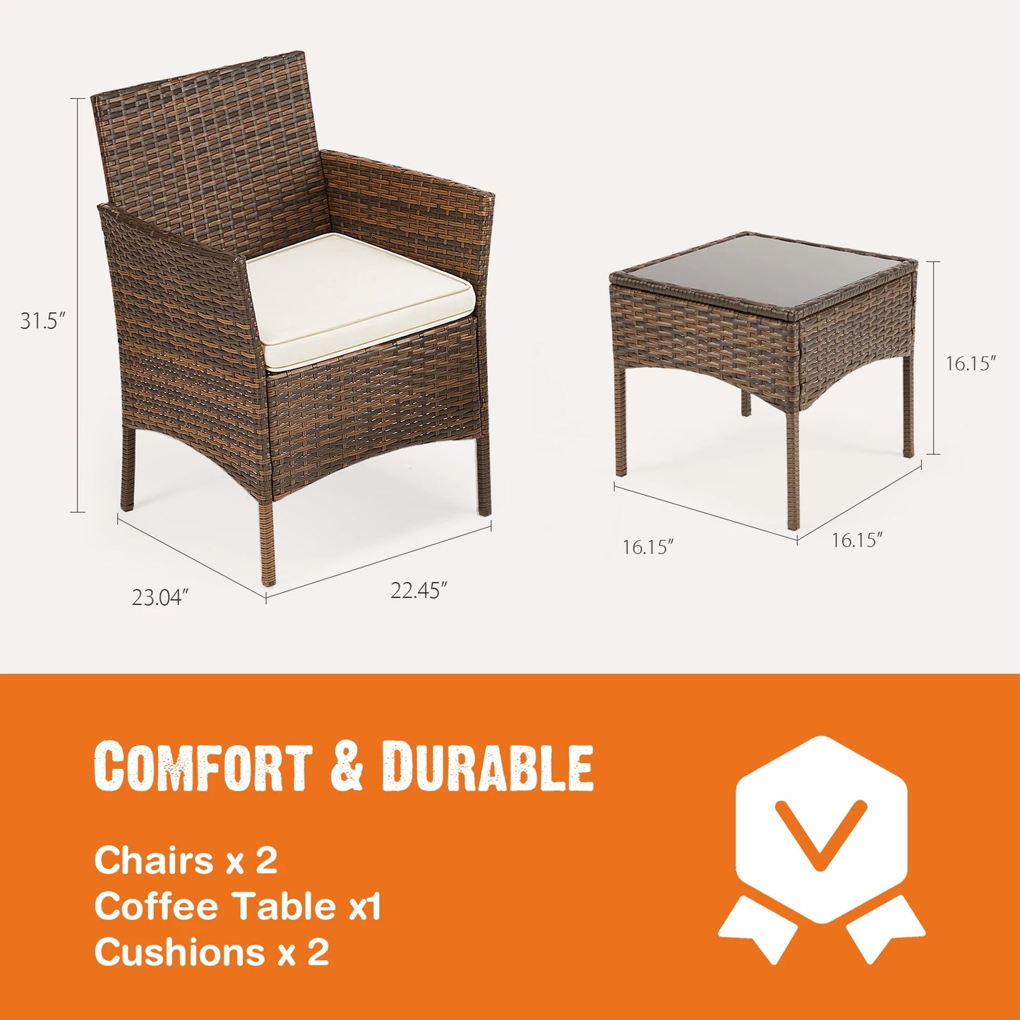 Outdoor Patio Furniture, Set of 3 Pieces with Soft Cushions and Glass Table Top, Manual Weaving Wicker Rattan Patio Chairs For Garden