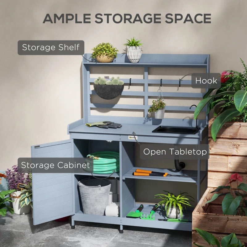 Wooden Potting Bench with Storage, Sink, Aluminum Tabletop，Water Tap for Backyard, Patio, Balcony, Gray