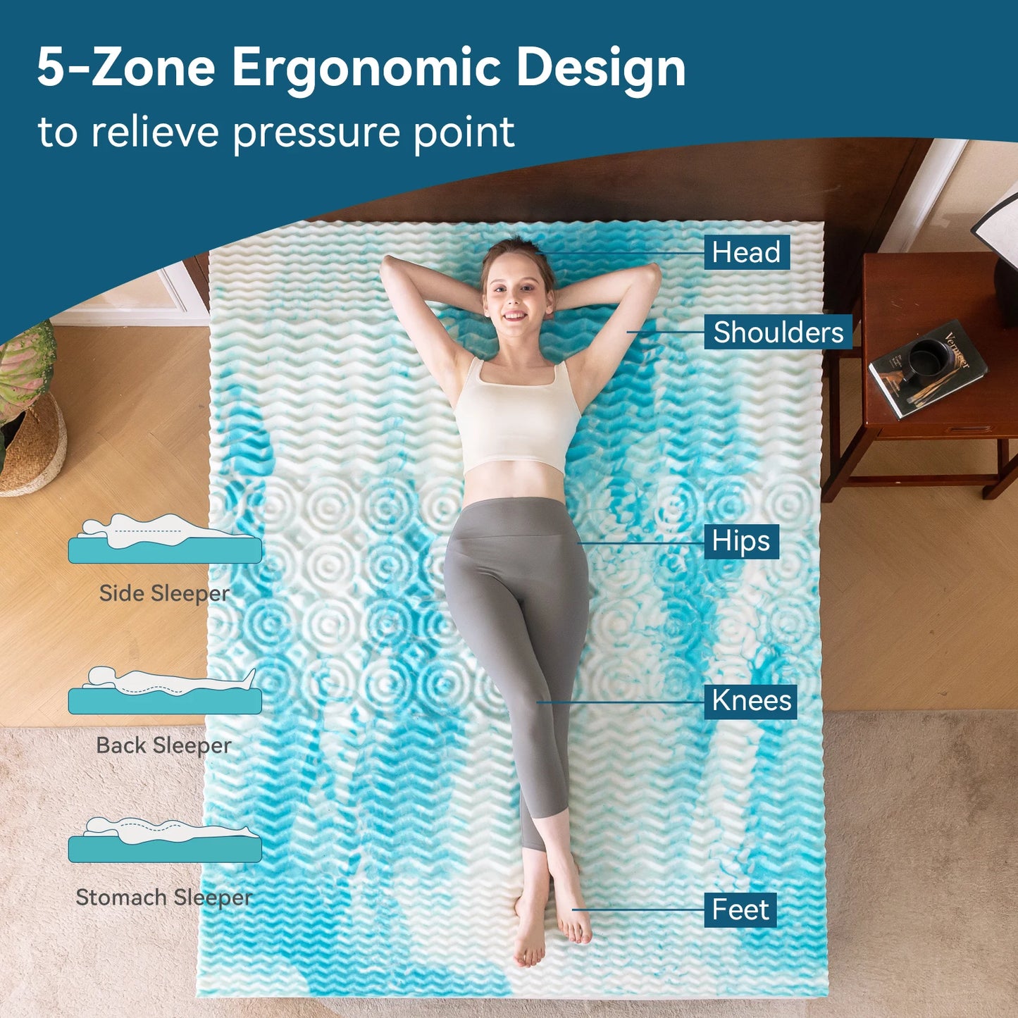 5 Zone Premium Memory Foam Mattress Topper, Cooling Gel Mattress Topper for Pressure Relieve, Blue