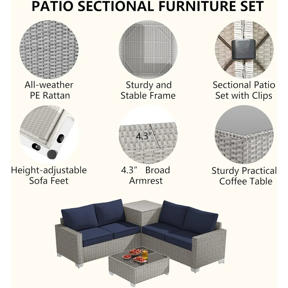 4 Piece Patio Furniture Set with Storage Box, PE Rattan, Tempered Glass