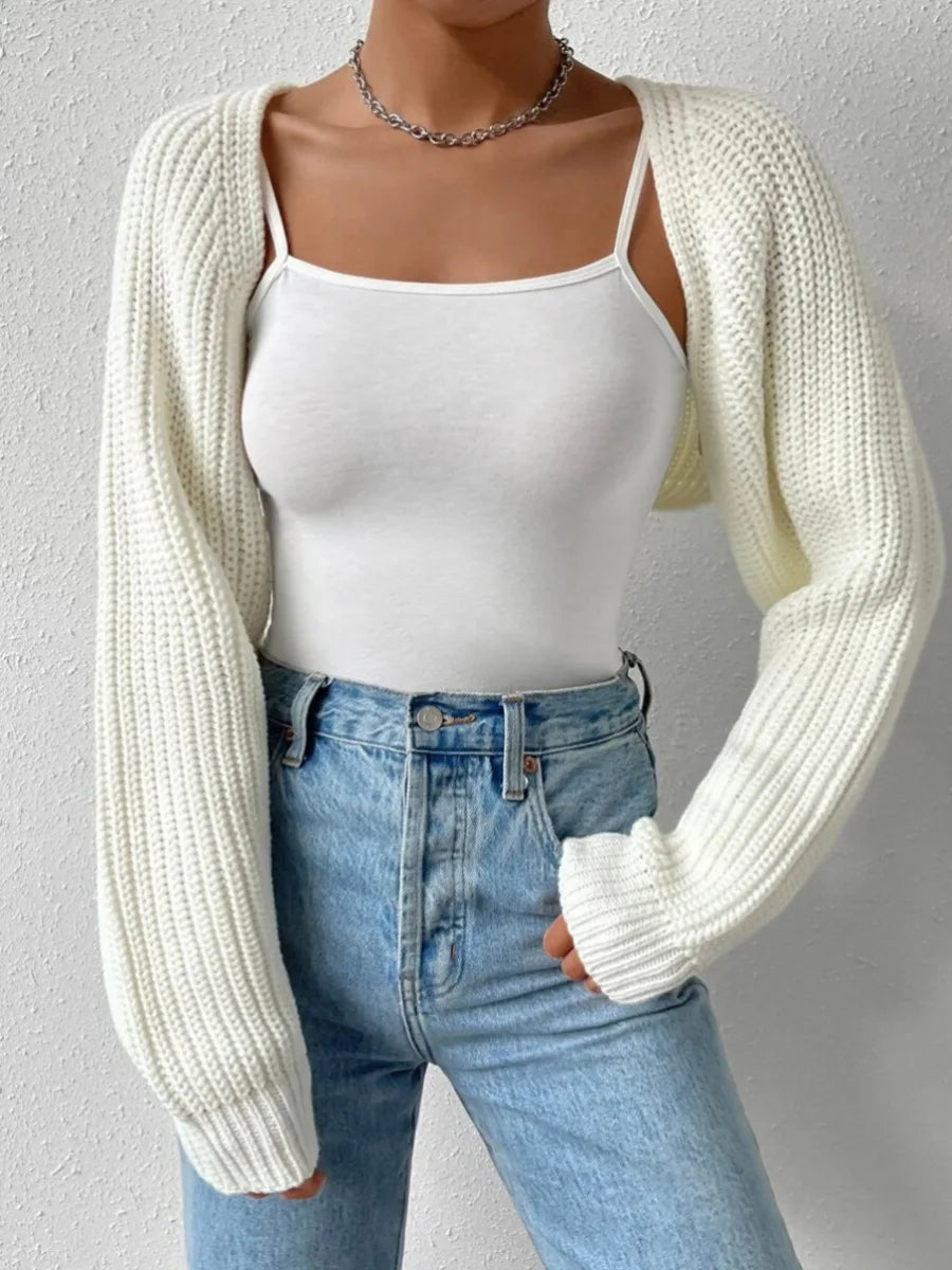 Women's Open Front Cropped Cardigan, Long Sleeve, Solid Color, Ribbed Knit Shrug Sweater Bolero Tops