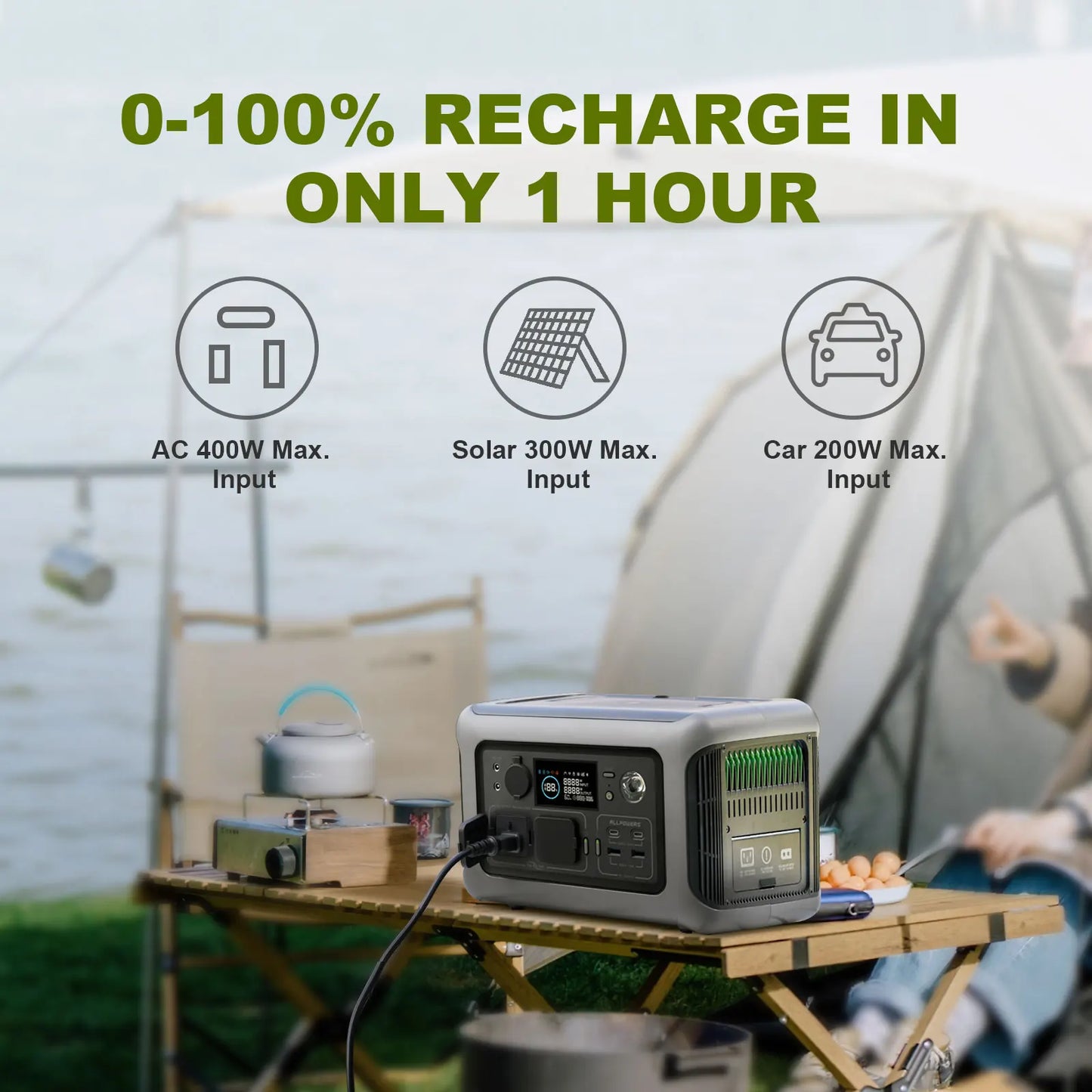 Portable Power Station R600, 299Wh LiFeP04 Battery with 2x 600W (1200W Surge) AC Outlets for Outdoor Camping, RV, Home
