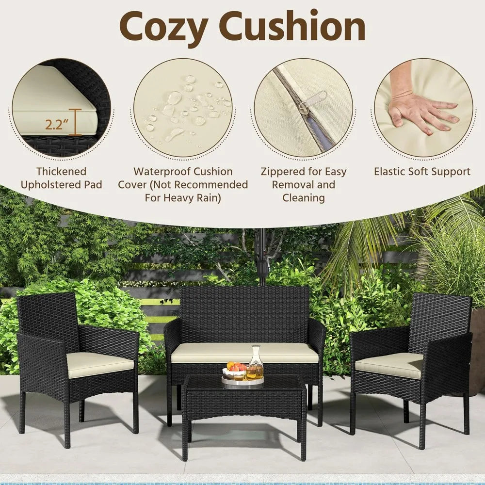 Patio Furniture Set 4 Pieces, Rattan Wicker Chair and Loveseat with Soft Cushions and Glass Table Top
