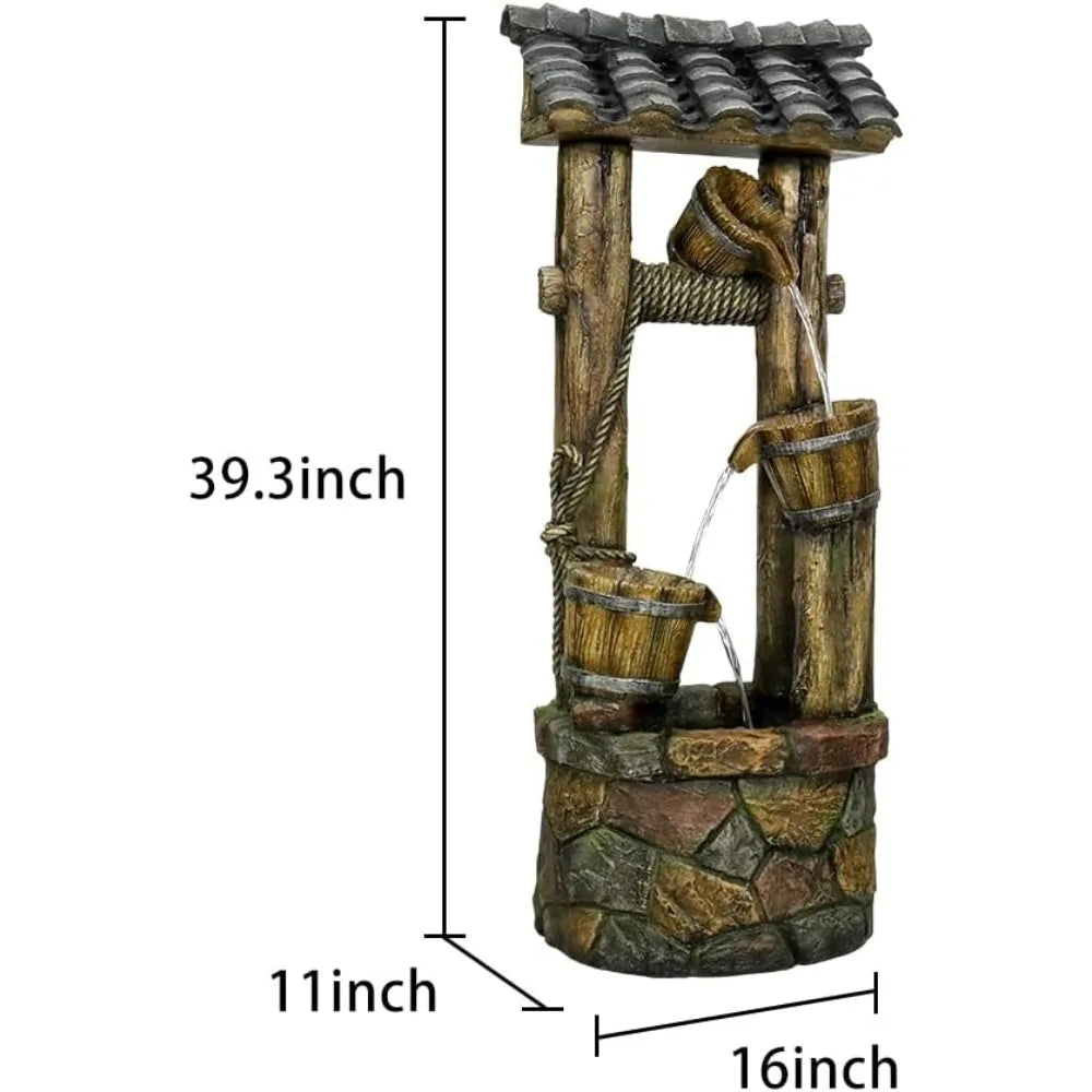 Wishing Well Water Fountain, 39.3 inches Rustic Outdoor Water Fountains - Outdoor Cascading Waterfall with Buckets, Pump & Lights