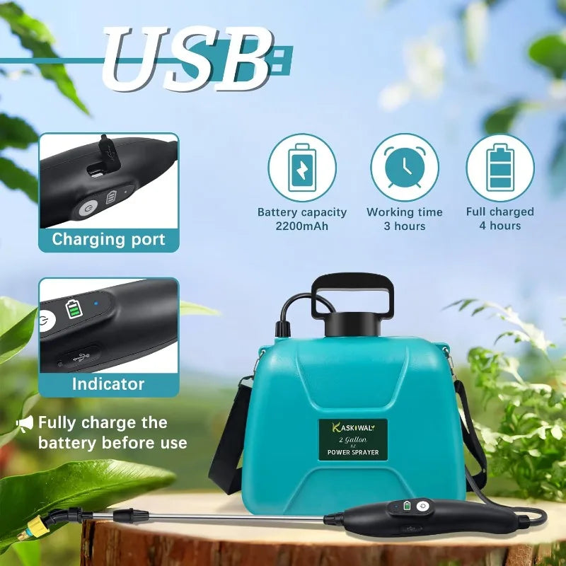2 Gallon Electric Garden Sprayer, Battery Powered Sprayer with 3 Mist Nozzles and Retractable Wand, USB rechargeable handle