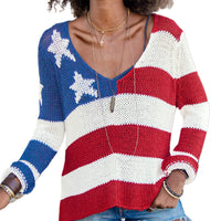 Load image into Gallery viewer, Women's 4th of July Knit Top, Flag Star Stripe Print, Long Sleeve V-Neck Slit Hem