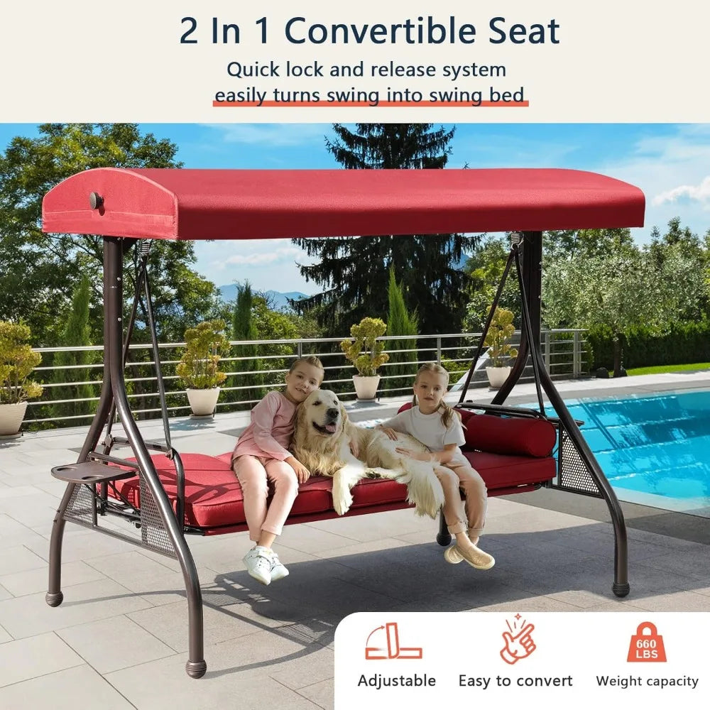 3-Seat Outdoor Patio Porch Swing with Adjustable and Removable Canopy, Waterproof Fabric, Cushion Pillow And Foldable Side Tray