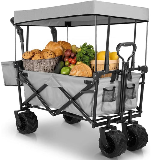 Collapsible Garden Cart Wagon with Removable Canopy, 115 kg Capacity, Push & Pull Utility Cart