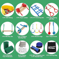 Load image into Gallery viewer, Warrior Obstacle Course For Kids And Adults - 65 FT Slackline With Tree Climbing Rock Holds, Swing Seat, Monkey Bars, Ring Wheel,