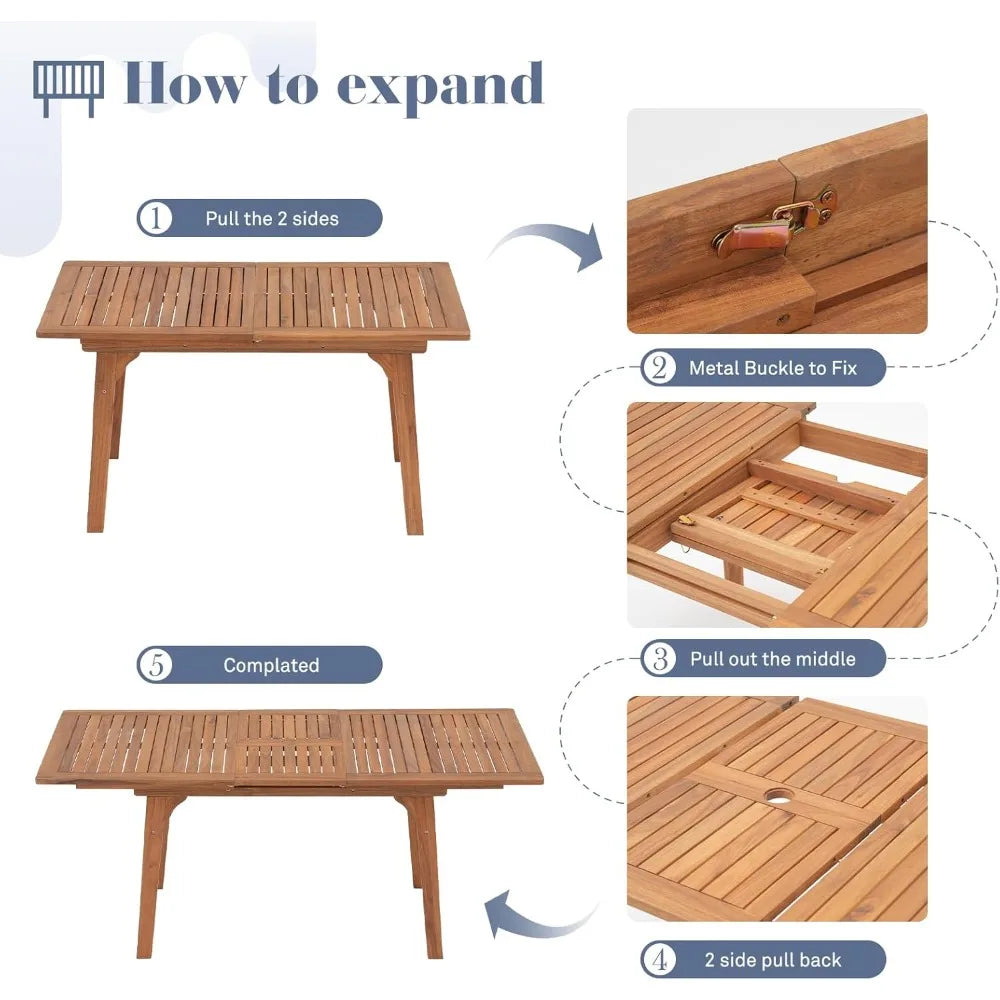 Acacia Wood Patio Dining Set for 6-8, Outdoor Expandable Table and Chairs Set. ***Umbrella and Base Not Included***
