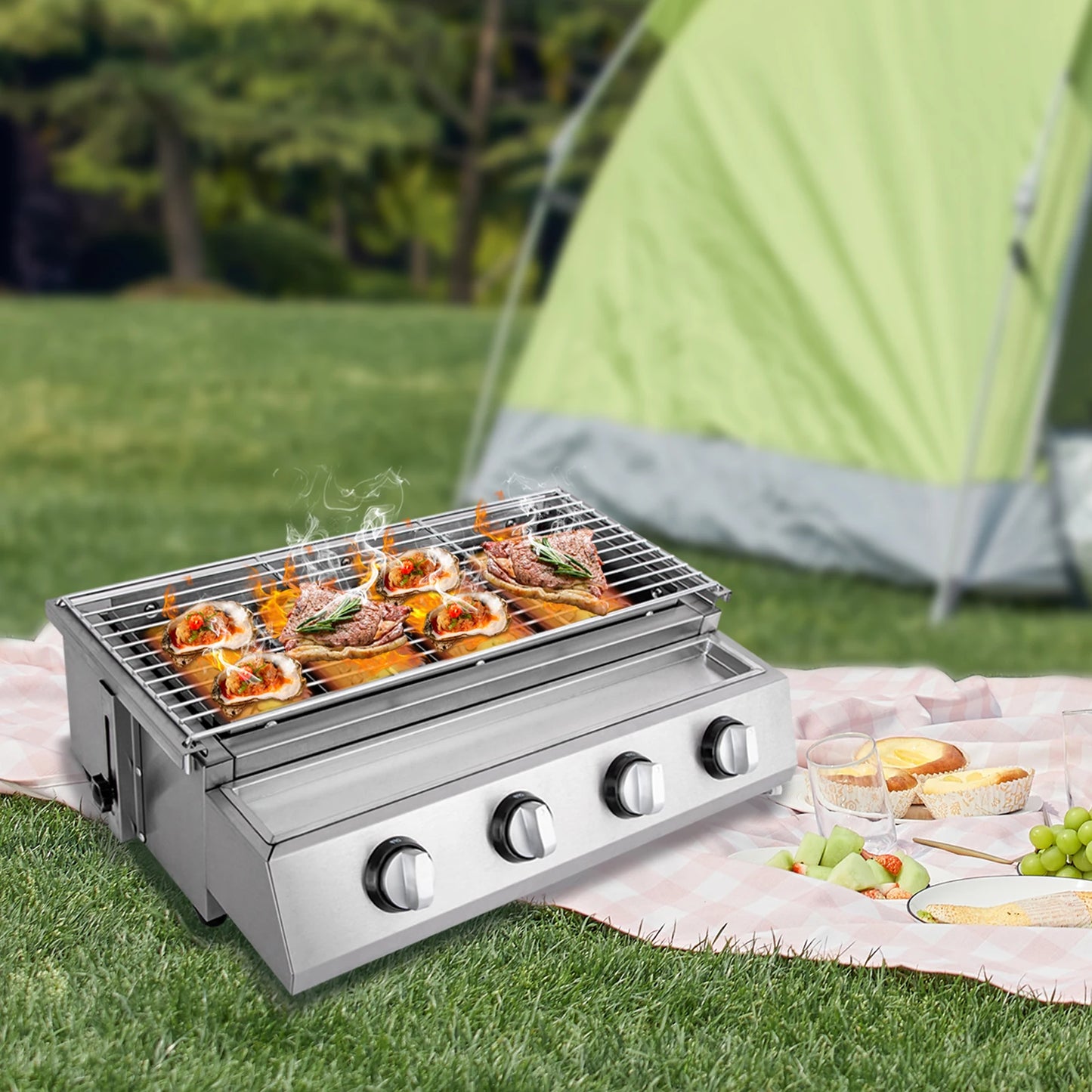 Stainless Steel Smokeless Barbecue Grill, 4 Burners, LPG Gas