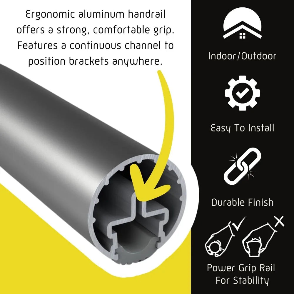 17 ft Flush ADA Compliant Handrail Kit - Complete Indoor/Outdoor Handrail for Stairs - 1.6" Round Anodized Aluminum Rail