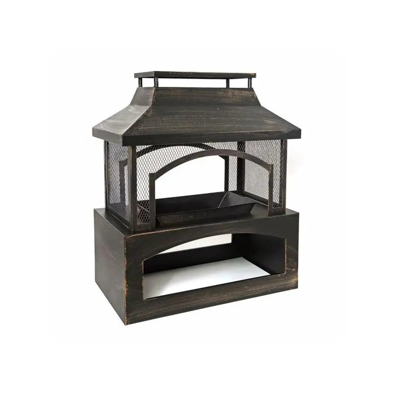 Rectangular Outdoor Wood Burning Fireplace with Built-in Log Storage and Poker - Brushed Bronze