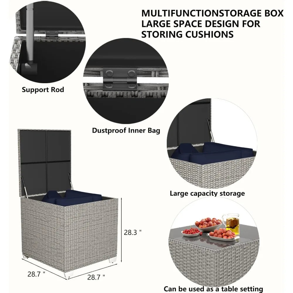4 Piece Patio Furniture Set with Storage Box, PE Rattan, Tempered Glass