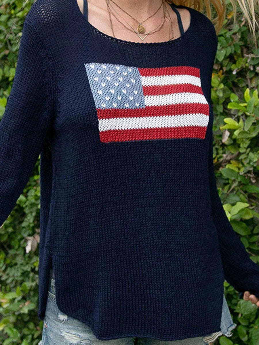 Women's Long Sleeve Knit Sweater, Crewneck, Flag Print, Loose Fitting Knitwear